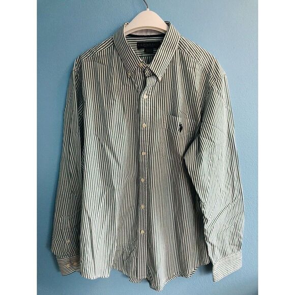 US Polo Assn. XL Cotton Blend Button Up Shirt Green White Stripes Horse Logo - Picture 1 of 16